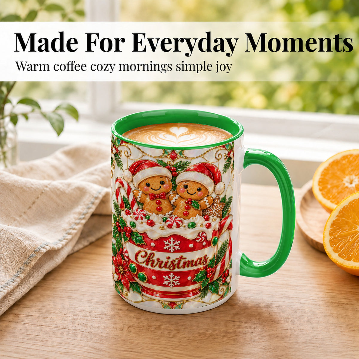 #pl[15oz|Green] Gingerbread Couple Coffee Mug, Stained Glass Style Mug, Ceramic Cup