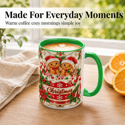 #pl[15oz|Green] Gingerbread Couple Coffee Mug, Stained Glass Style Mug, Ceramic Cup