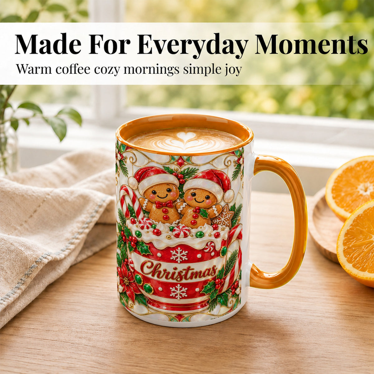 #pl[15oz|Orange] Gingerbread Couple Coffee Mug, Stained Glass Style Mug, Ceramic Cup