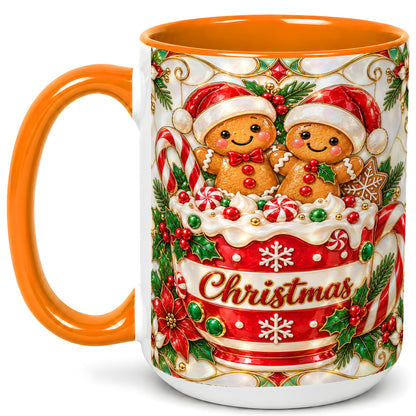 #pl[15oz|Orange] Gingerbread Couple Coffee Mug, Stained Glass Style Mug, Ceramic Cup