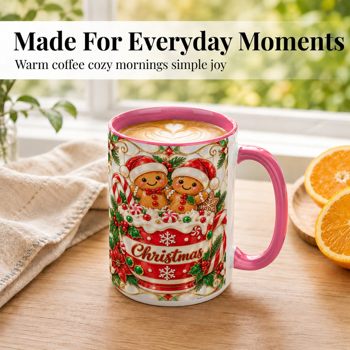 #pl[15oz|Pink] Gingerbread Couple Coffee Mug, Stained Glass Style Mug, Ceramic Cup