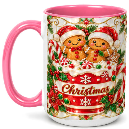 #pl[15oz|Pink] Gingerbread Couple Coffee Mug, Stained Glass Style Mug, Ceramic Cup