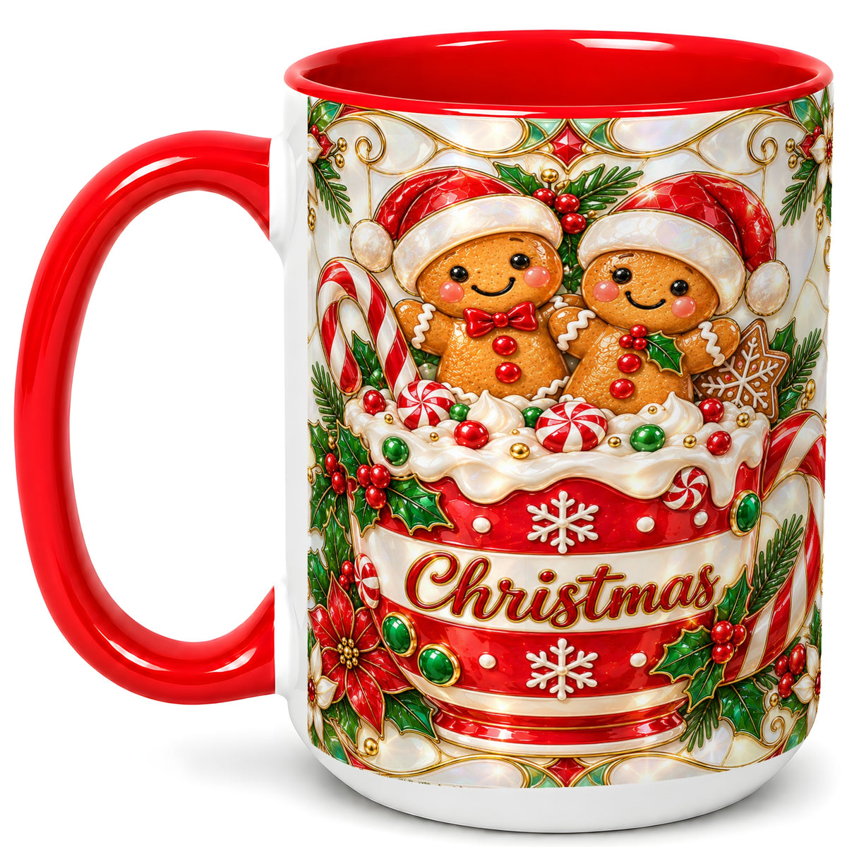 #pl[15oz|Red] Gingerbread Couple Coffee Mug, Stained Glass Style Mug, Ceramic Cup