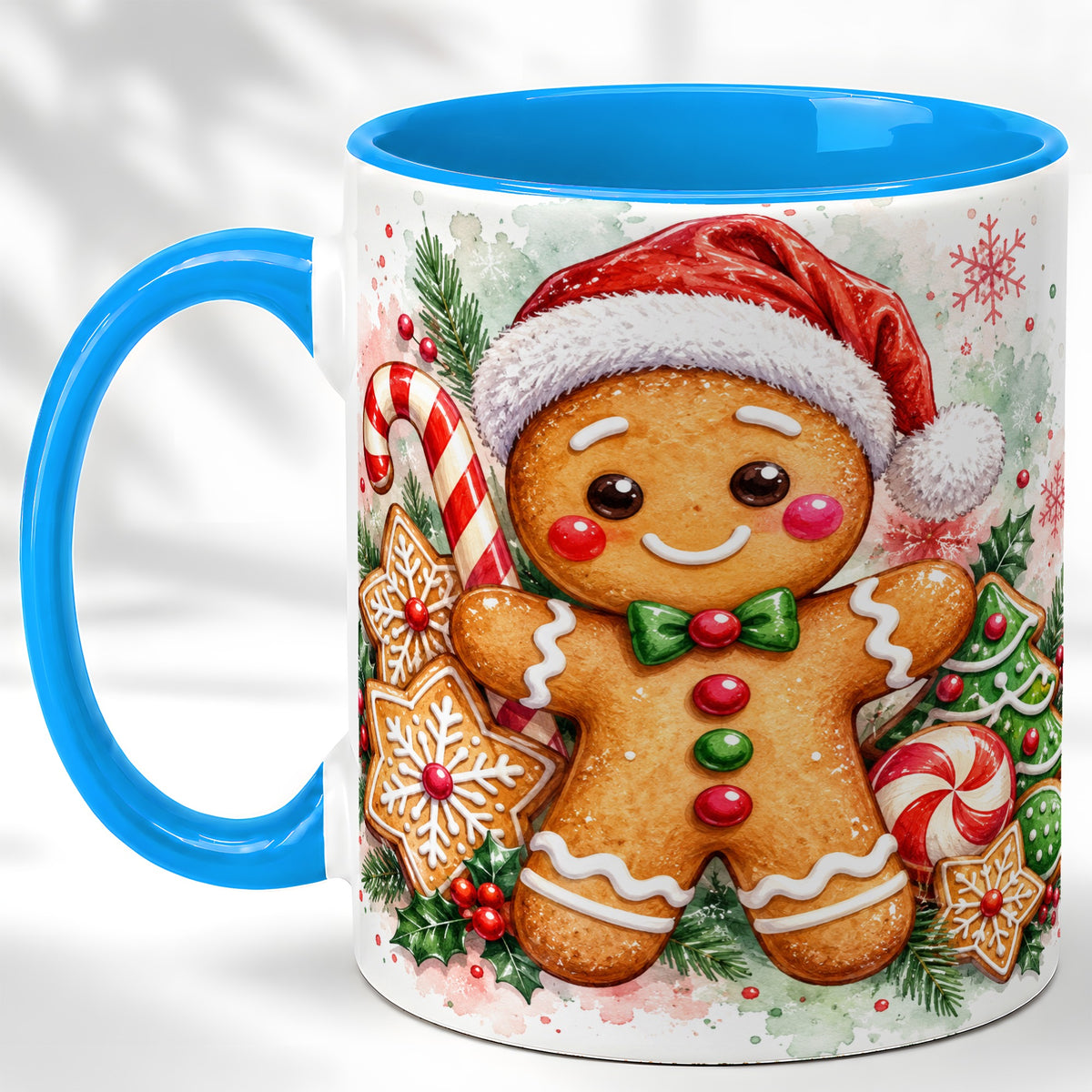 #pl[11oz|Blue] Watercolor Gingerbread Coffee Mug, Christmas Cookie Mug, Ceramic Cup