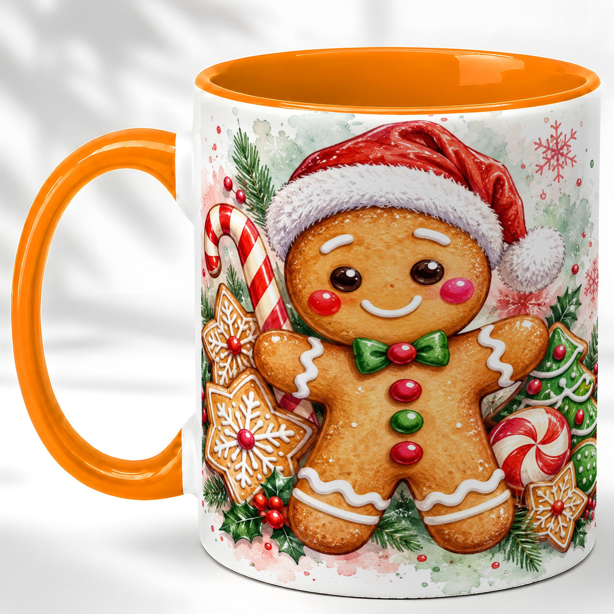#pl[11oz|Orange] Watercolor Gingerbread Coffee Mug, Christmas Cookie Mug, Ceramic Cup