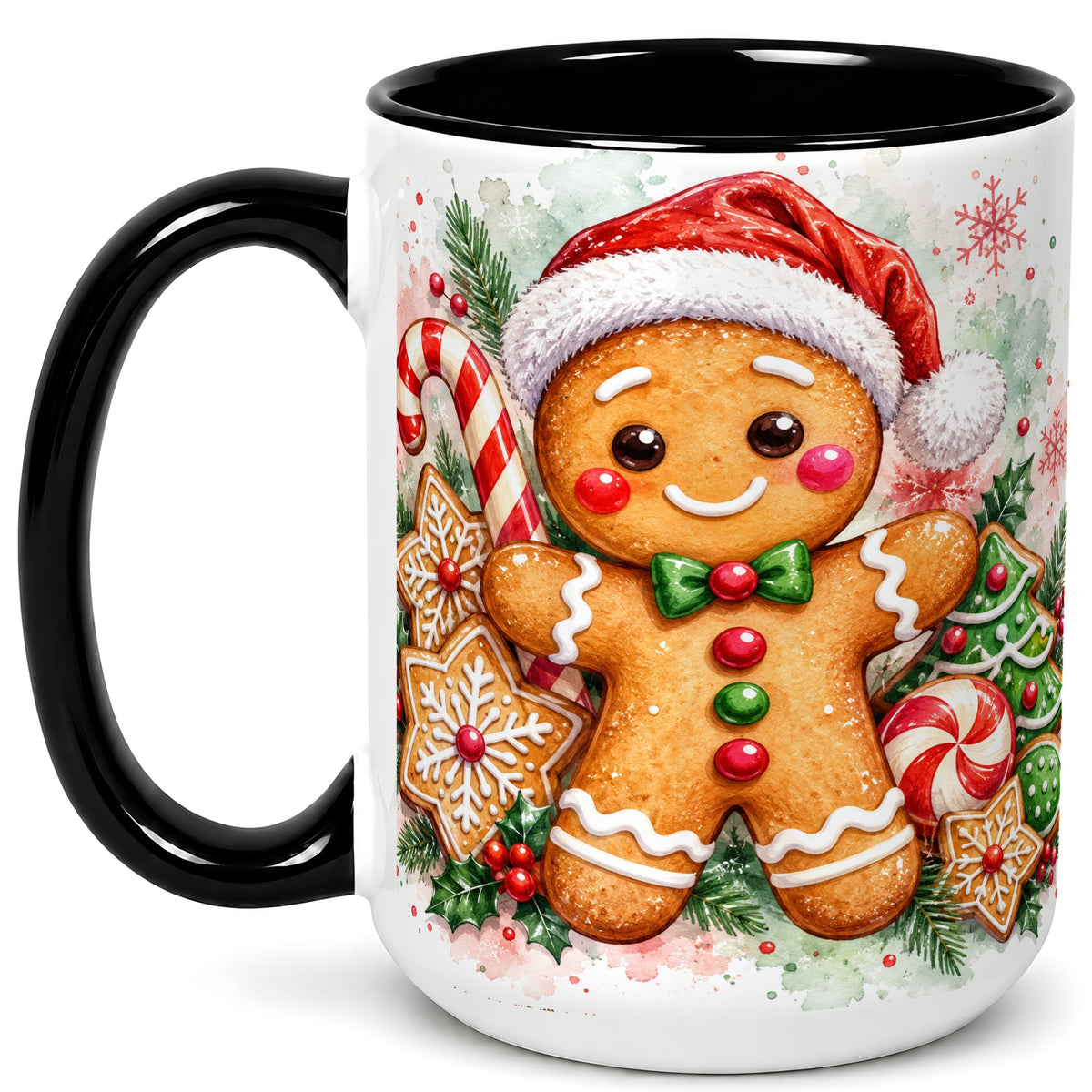 #pl[15oz|Black] Watercolor Gingerbread Coffee Mug, Christmas Cookie Mug, Ceramic Cup