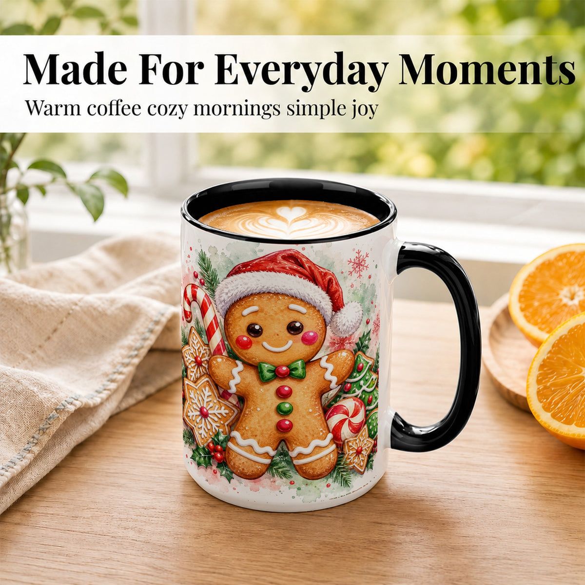 #pl[15oz|Black] Watercolor Gingerbread Coffee Mug, Christmas Cookie Mug, Ceramic Cup