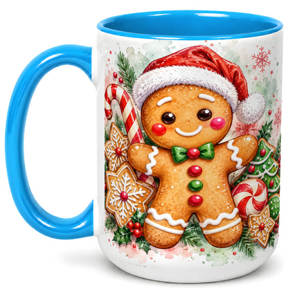 #pl[15oz|Blue] Watercolor Gingerbread Coffee Mug, Christmas Cookie Mug, Ceramic Cup
