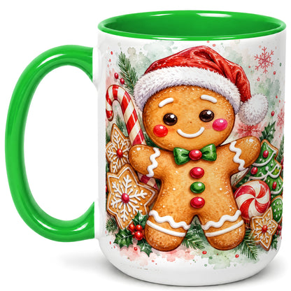 #pl[15oz|Green] Watercolor Gingerbread Coffee Mug, Christmas Cookie Mug, Ceramic Cup