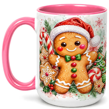 #pl[15oz|Pink] Watercolor Gingerbread Coffee Mug, Christmas Cookie Mug, Ceramic Cup