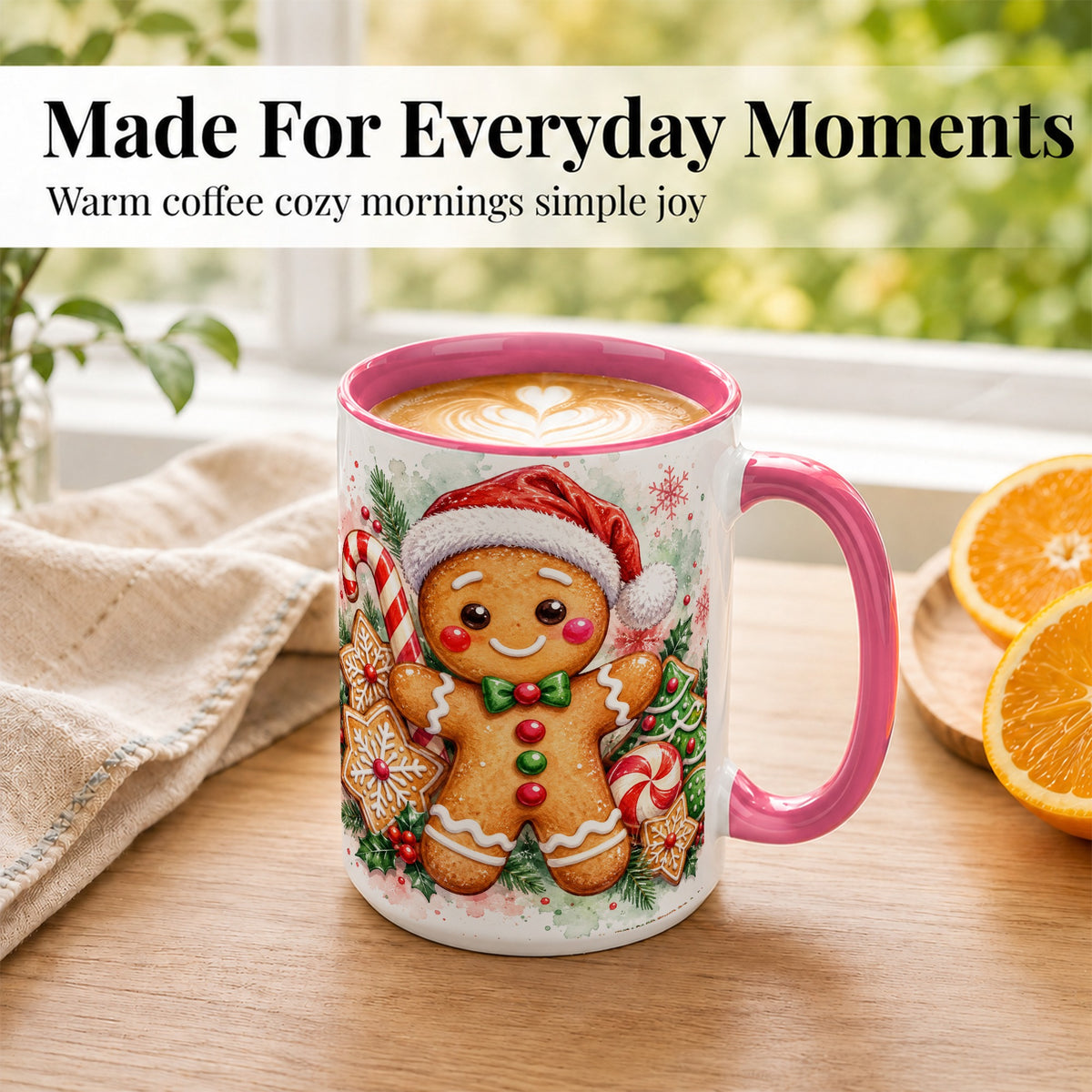 #pl[15oz|Pink] Watercolor Gingerbread Coffee Mug, Christmas Cookie Mug, Ceramic Cup