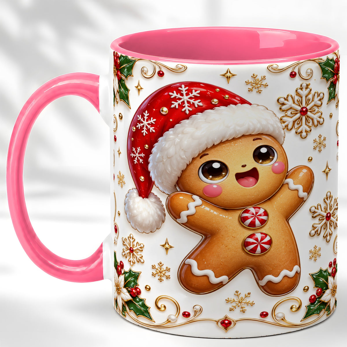 #pl[11oz|Pink] Glossy Gingerbread Coffee Mug, Christmas Cookie Mug, Ceramic Cup