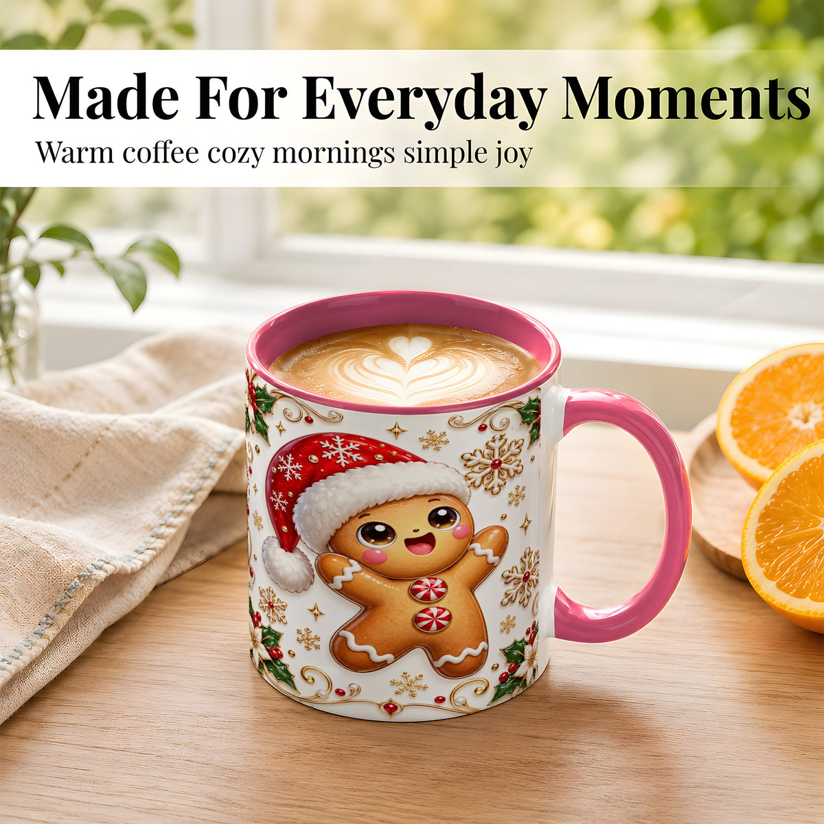 #pl[11oz|Pink] Glossy Gingerbread Coffee Mug, Christmas Cookie Mug, Ceramic Cup