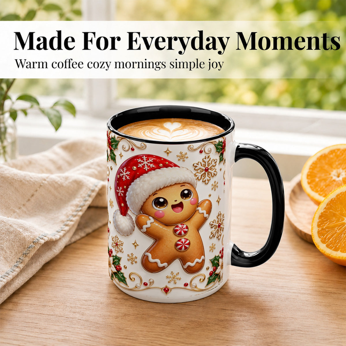 #pl[15oz|Black] Glossy Gingerbread Coffee Mug, Christmas Cookie Mug, Ceramic Cup