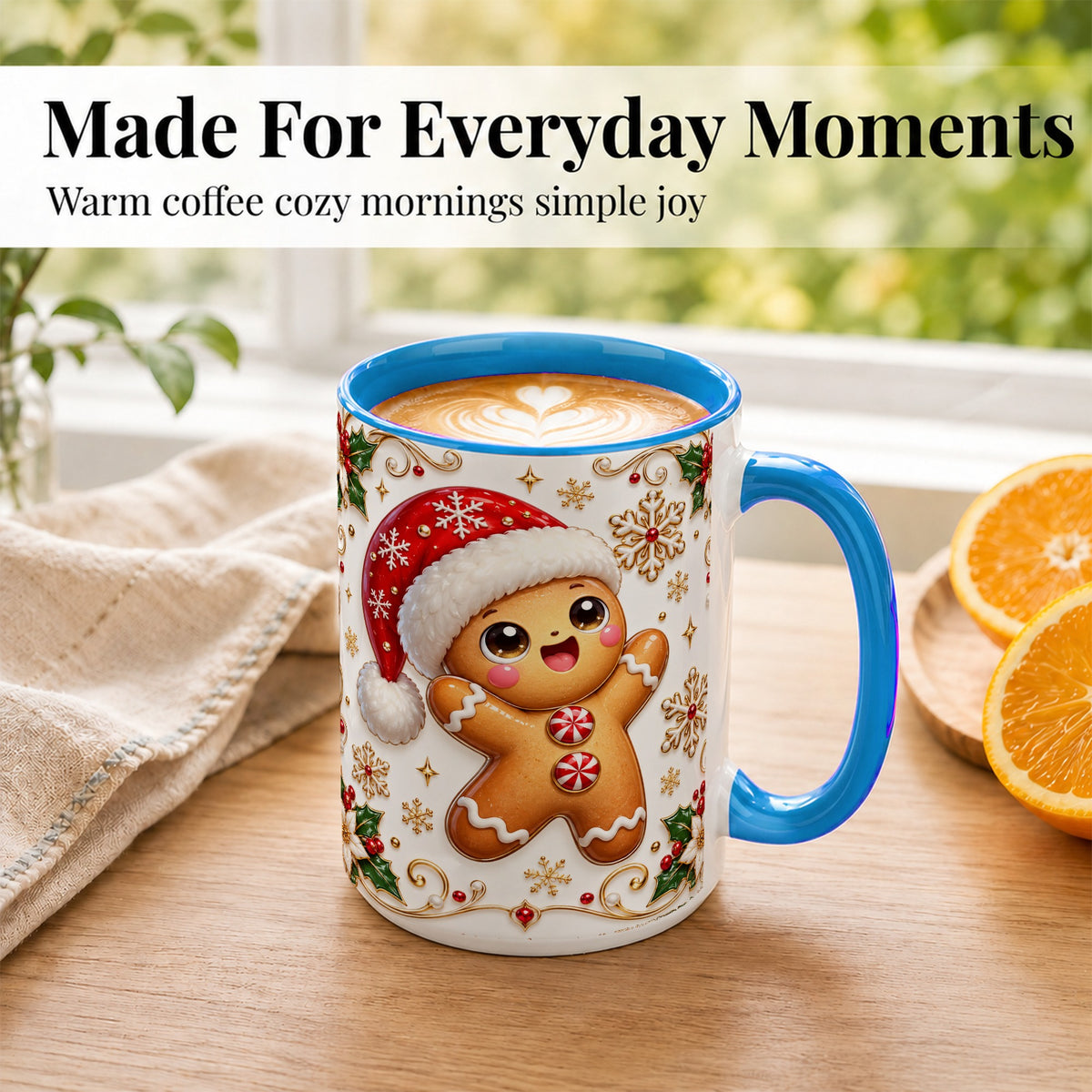 #pl[15oz|Blue] Glossy Gingerbread Coffee Mug, Christmas Cookie Mug, Ceramic Cup