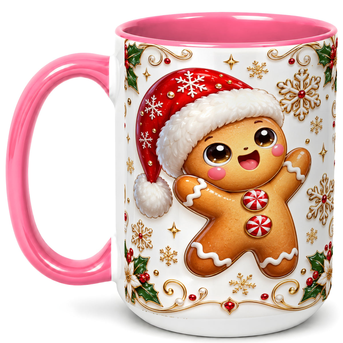 #pl[15oz|Pink] Glossy Gingerbread Coffee Mug, Christmas Cookie Mug, Ceramic Cup