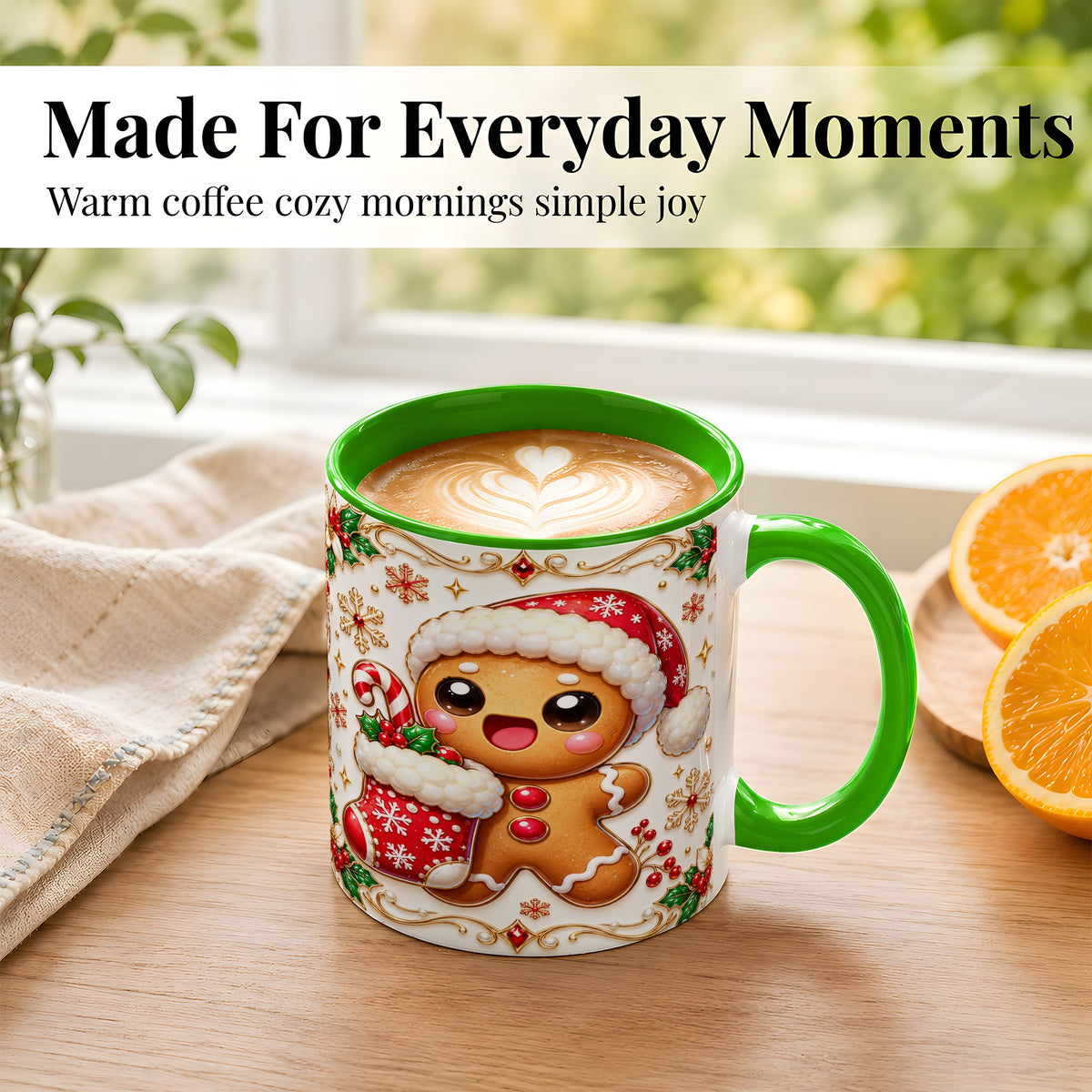 #pl[11oz|Green] Stocking Gingerbread Coffee Mug, Christmas Cookie Mug, Ceramic Cup