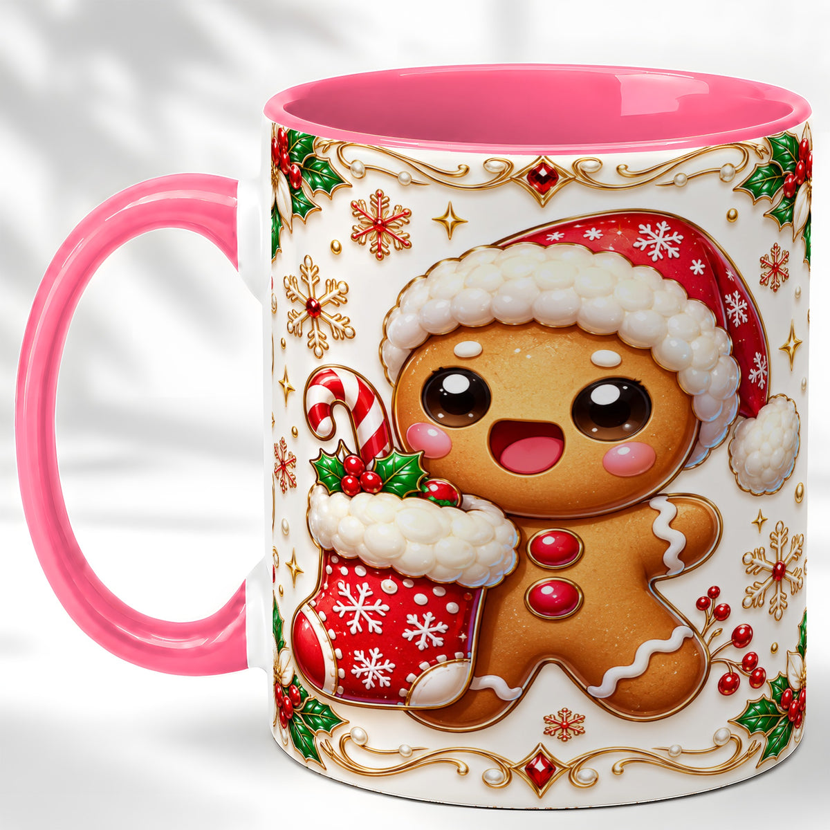 #pl[11oz|Pink] Stocking Gingerbread Coffee Mug, Christmas Cookie Mug, Ceramic Cup