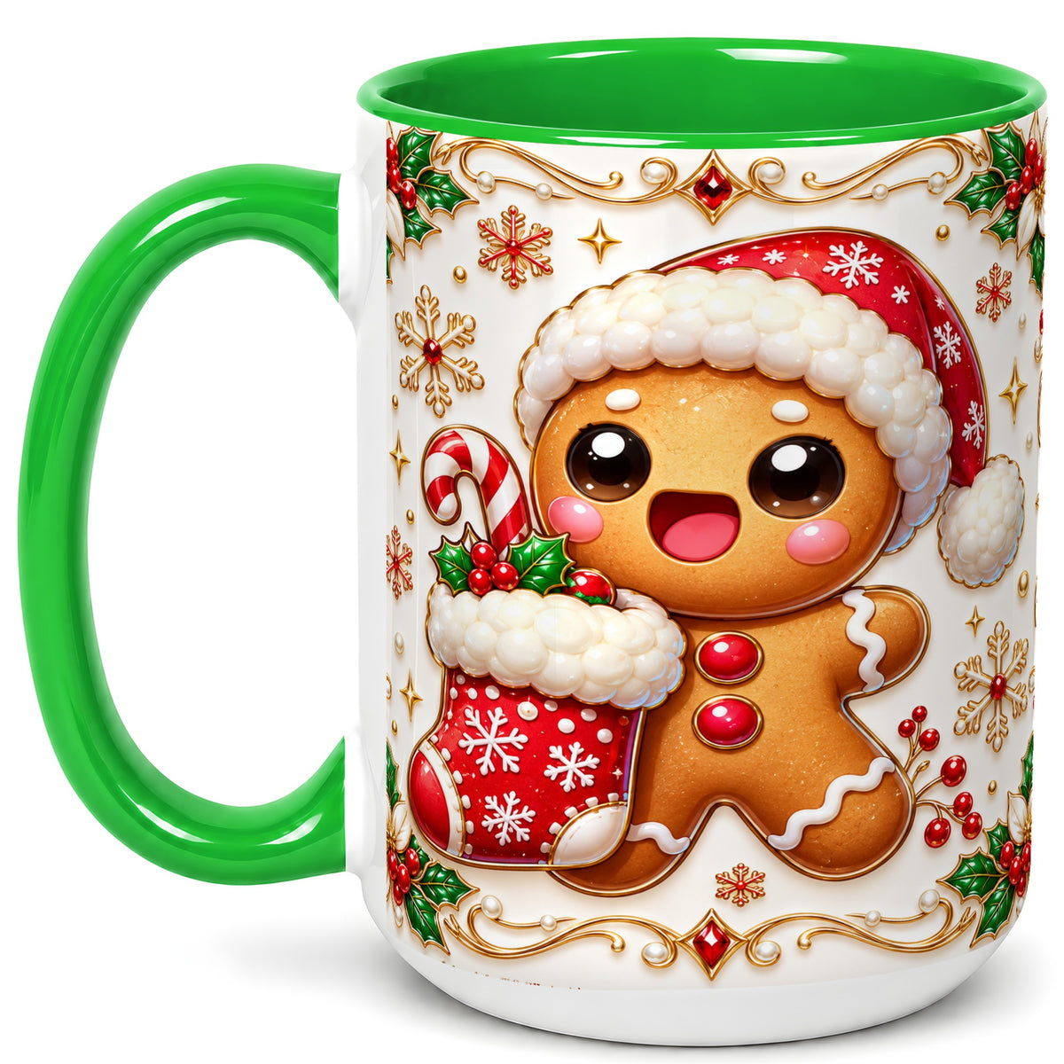 #pl[15oz|Green] Stocking Gingerbread Coffee Mug, Christmas Cookie Mug, Ceramic Cup