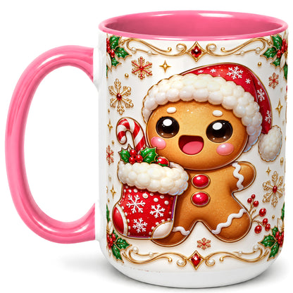 #pl[15oz|Pink] Stocking Gingerbread Coffee Mug, Christmas Cookie Mug, Ceramic Cup