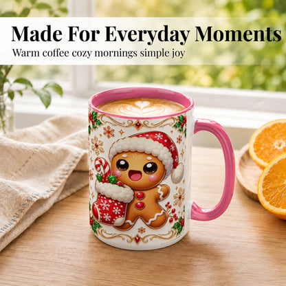 #pl[15oz|Pink] Stocking Gingerbread Coffee Mug, Christmas Cookie Mug, Ceramic Cup