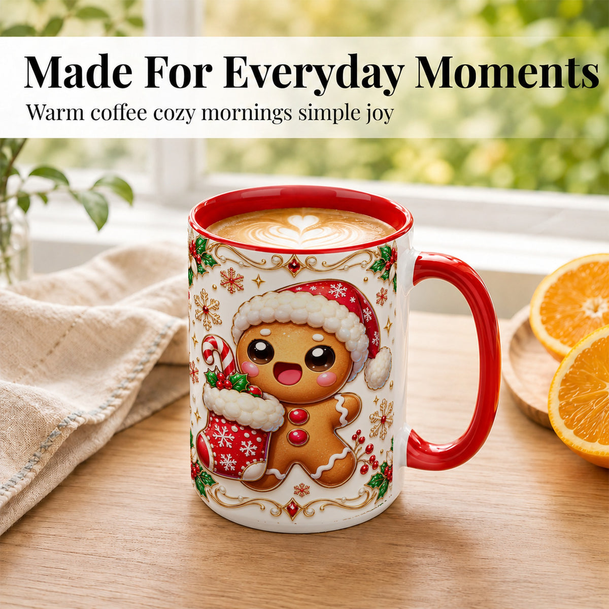 #pl[15oz|Red] Stocking Gingerbread Coffee Mug, Christmas Cookie Mug, Ceramic Cup