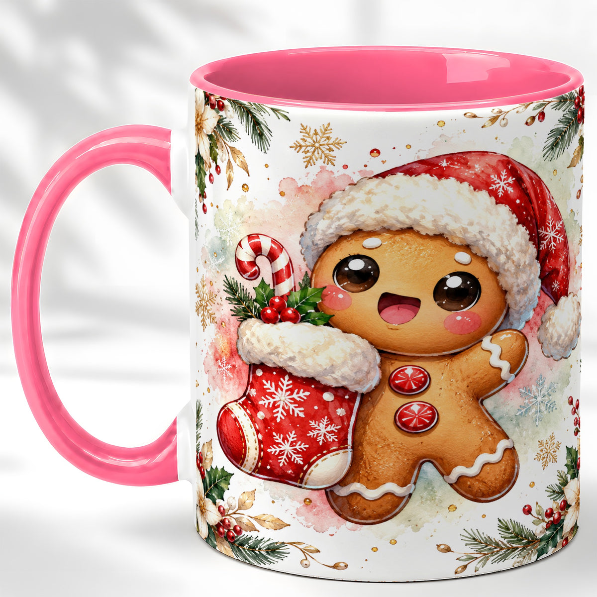 #pl[11oz|Pink] Christmas Gingerbread Coffee Mug, Holiday Mug, Ceramic Cup