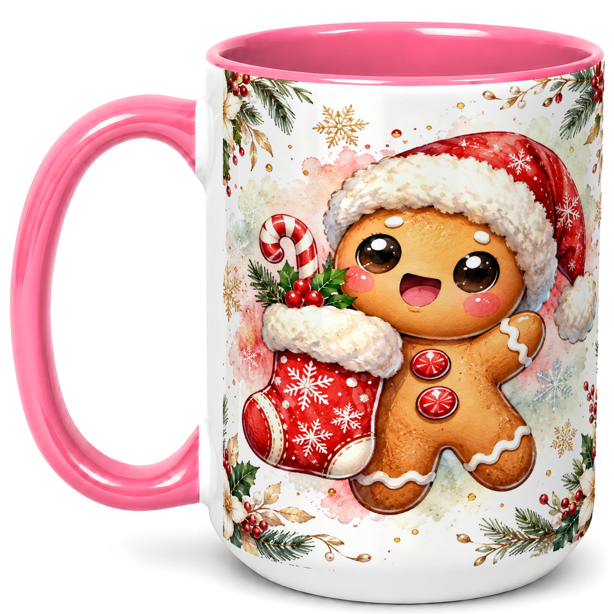 #pl[15oz|Pink] Christmas Gingerbread Coffee Mug, Holiday Mug, Ceramic Cup