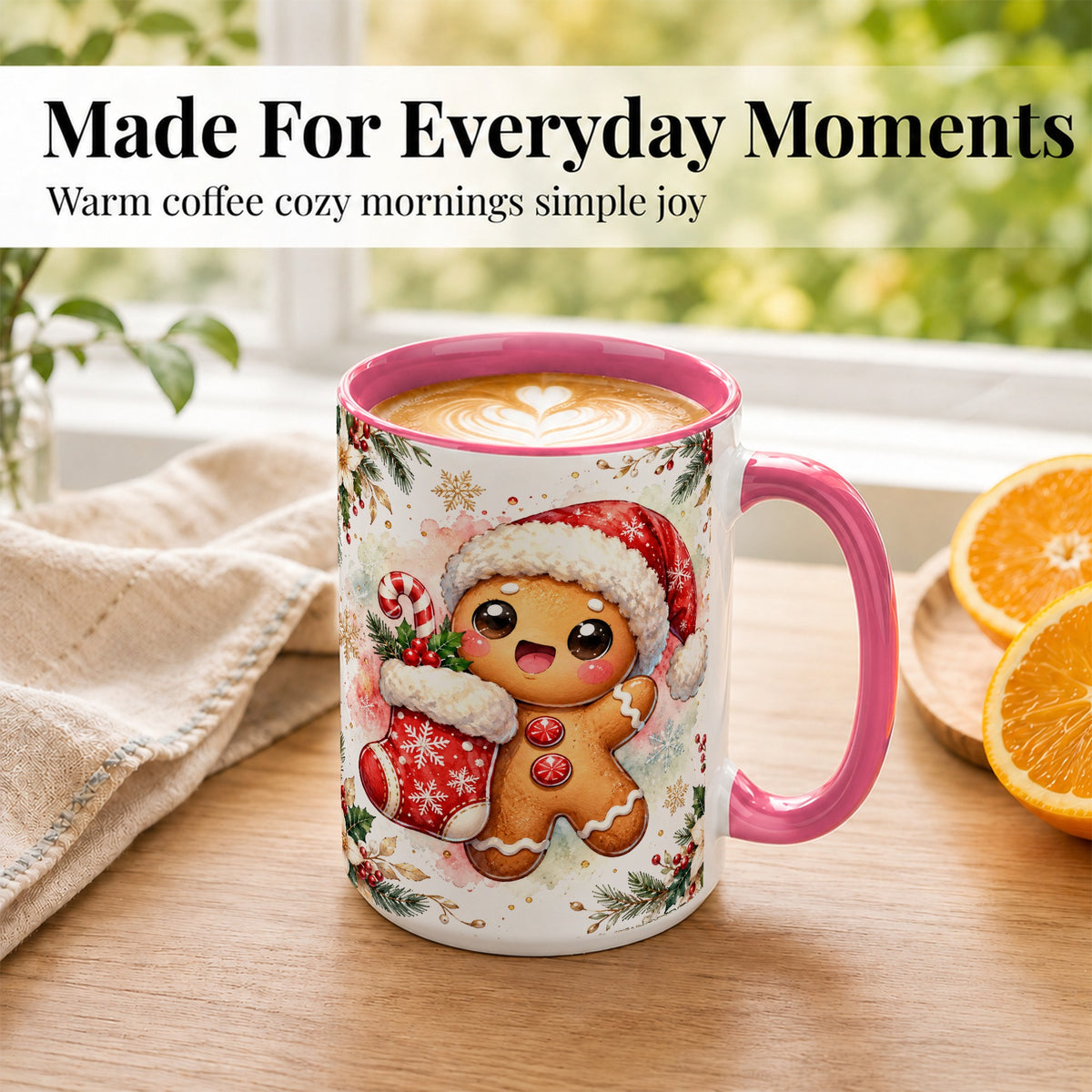 #pl[15oz|Pink] Christmas Gingerbread Coffee Mug, Holiday Mug, Ceramic Cup