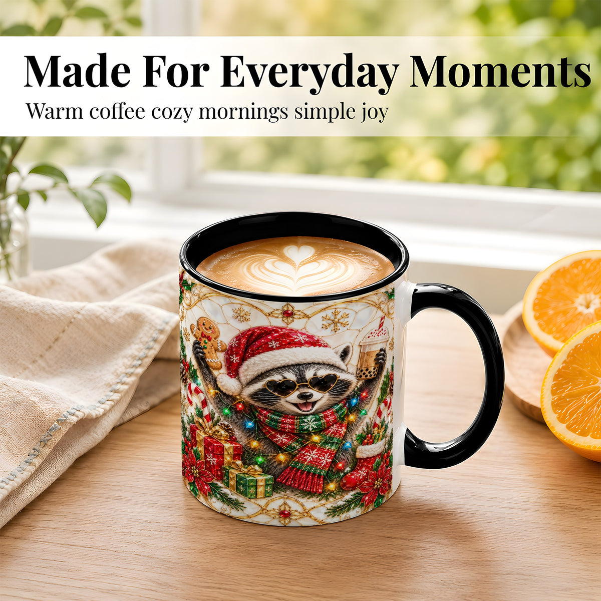 #pl[11oz|Black] Christmas Raccoon Coffee Mug, Festive Animal Mug, Ceramic Cup