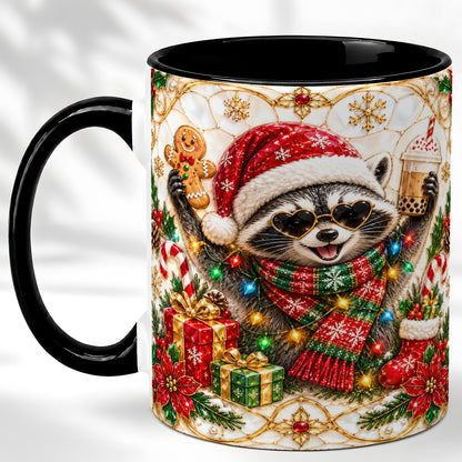 #pl[11oz|Black] Christmas Raccoon Coffee Mug, Festive Animal Mug, Ceramic Cup