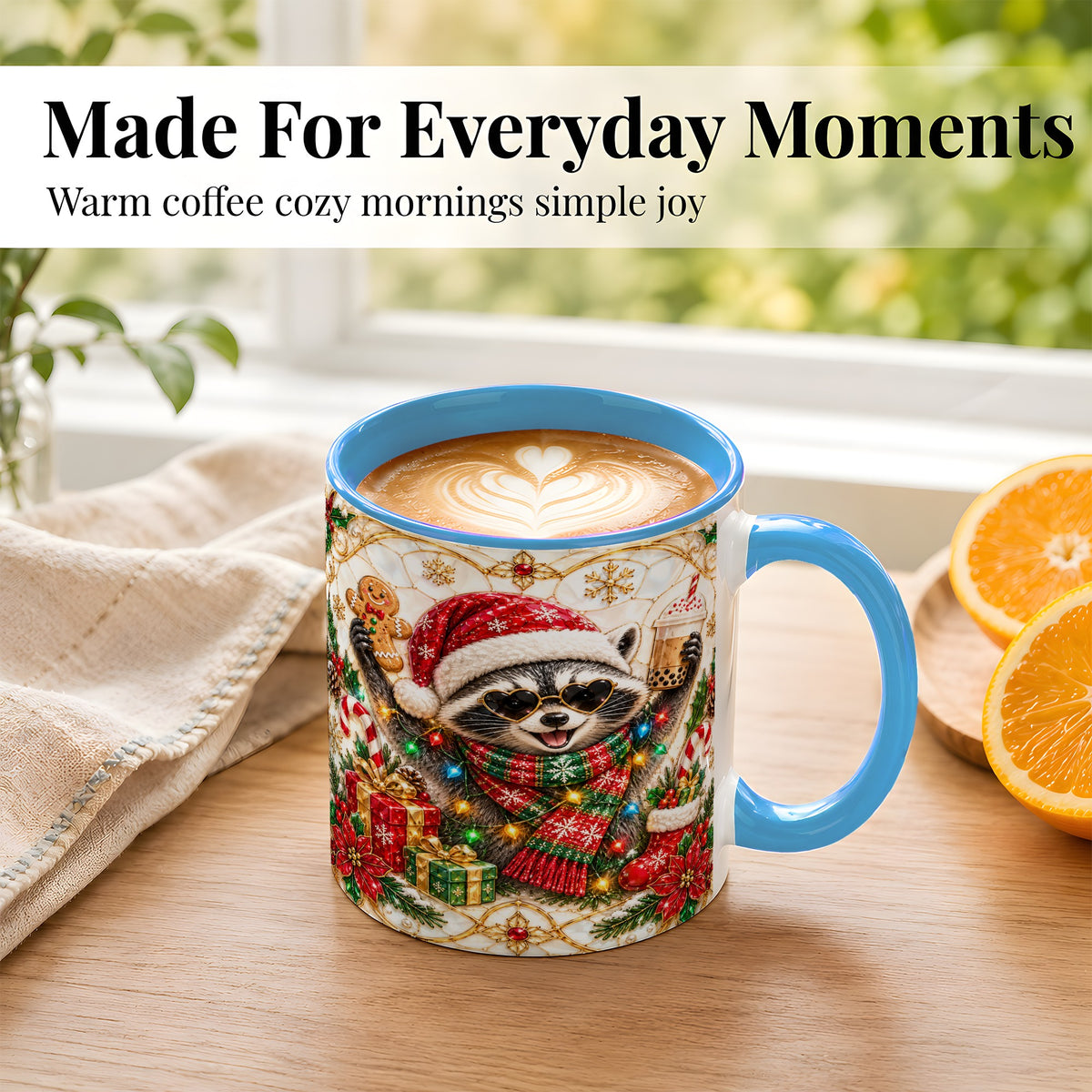 #pl[11oz|Blue] Christmas Raccoon Coffee Mug, Festive Animal Mug, Ceramic Cup