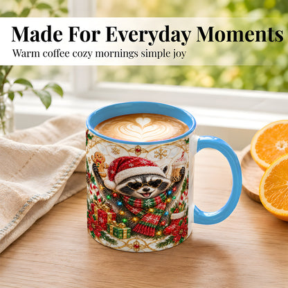 #pl[11oz|Blue] Christmas Raccoon Coffee Mug, Festive Animal Mug, Ceramic Cup