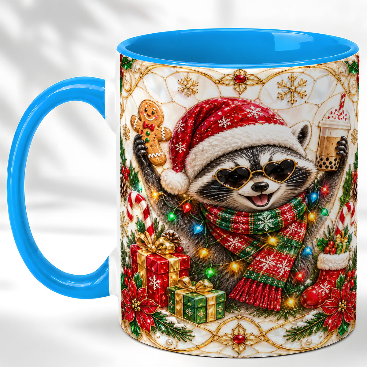 #pl[11oz|Blue] Christmas Raccoon Coffee Mug, Festive Animal Mug, Ceramic Cup