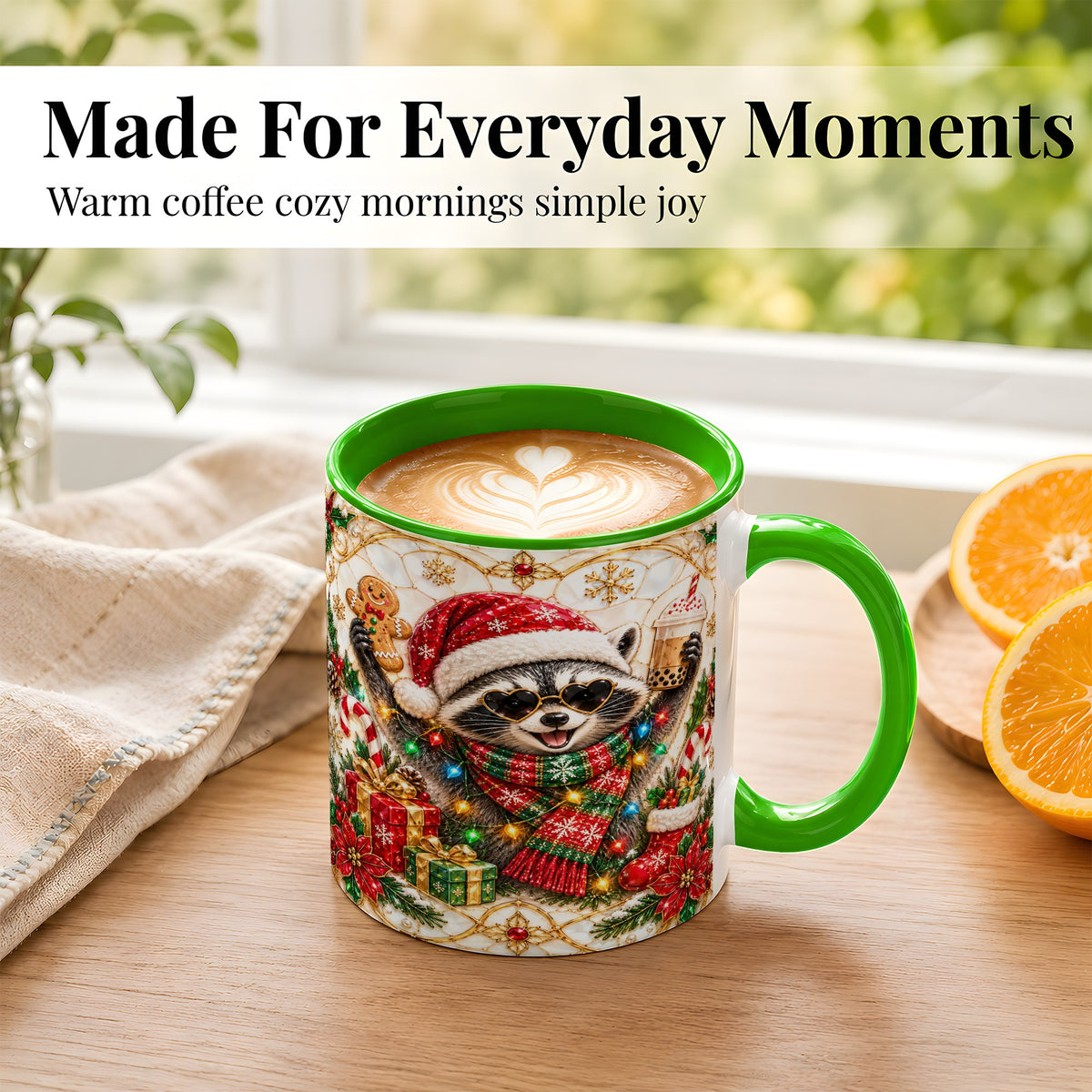 #pl[11oz|Green] Christmas Raccoon Coffee Mug, Festive Animal Mug, Ceramic Cup