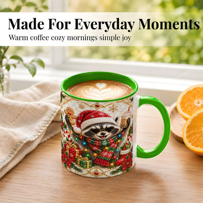 #pl[11oz|Green] Christmas Raccoon Coffee Mug, Festive Animal Mug, Ceramic Cup