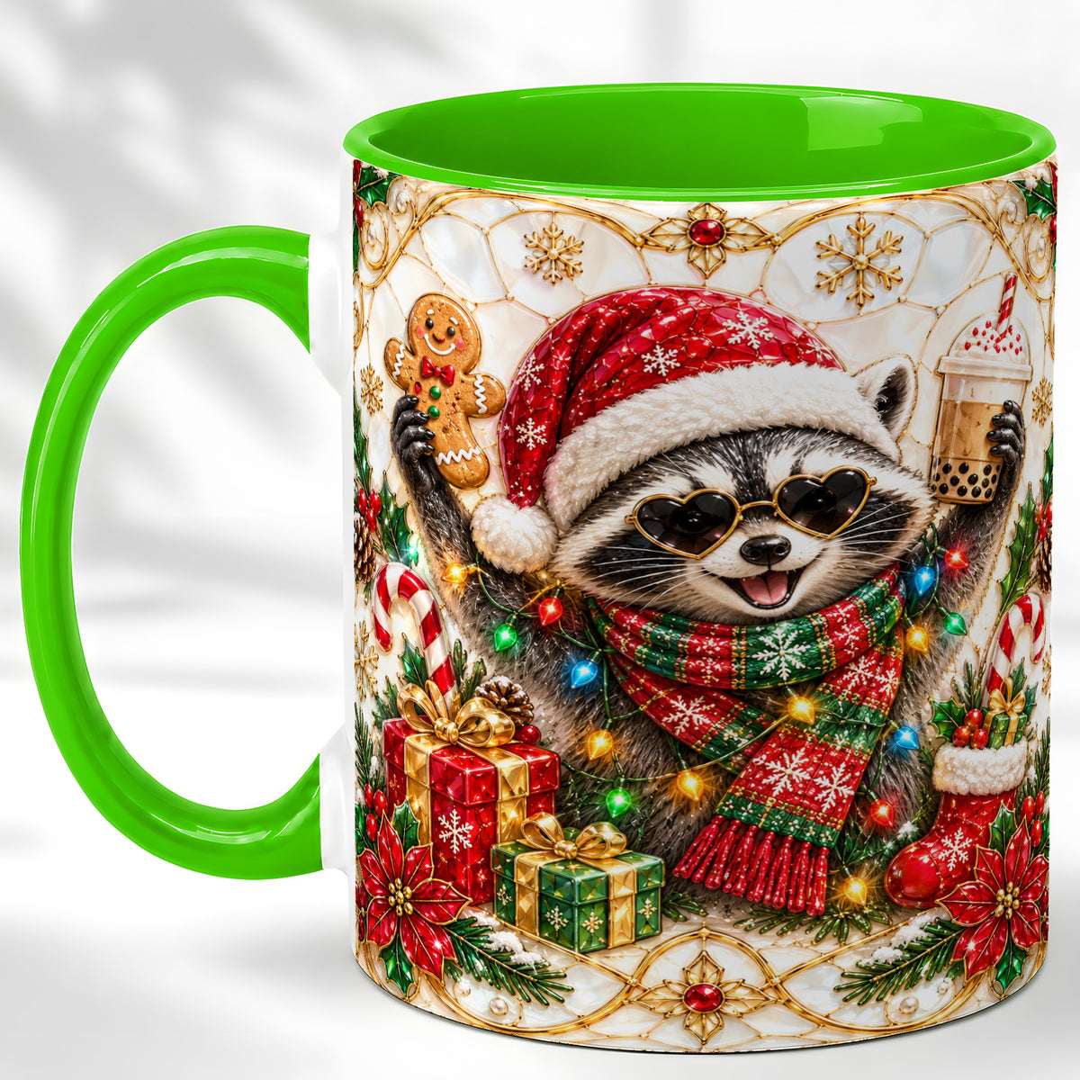 #pl[11oz|Green] Christmas Raccoon Coffee Mug, Festive Animal Mug, Ceramic Cup