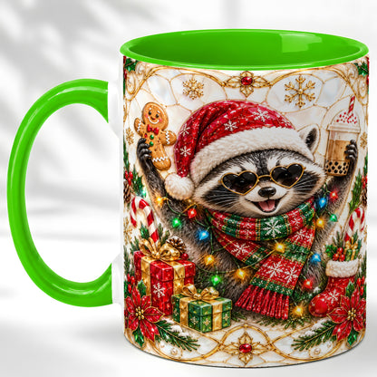 #pl[11oz|Green] Christmas Raccoon Coffee Mug, Festive Animal Mug, Ceramic Cup