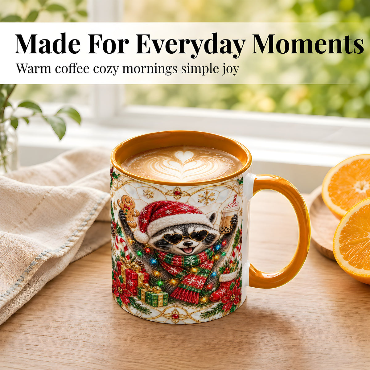 #pl[11oz|Orange] Christmas Raccoon Coffee Mug, Festive Animal Mug, Ceramic Cup