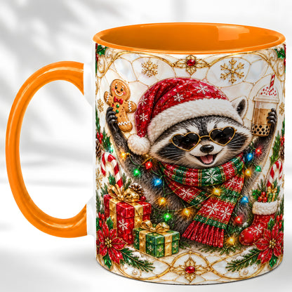 #pl[11oz|Orange] Christmas Raccoon Coffee Mug, Festive Animal Mug, Ceramic Cup
