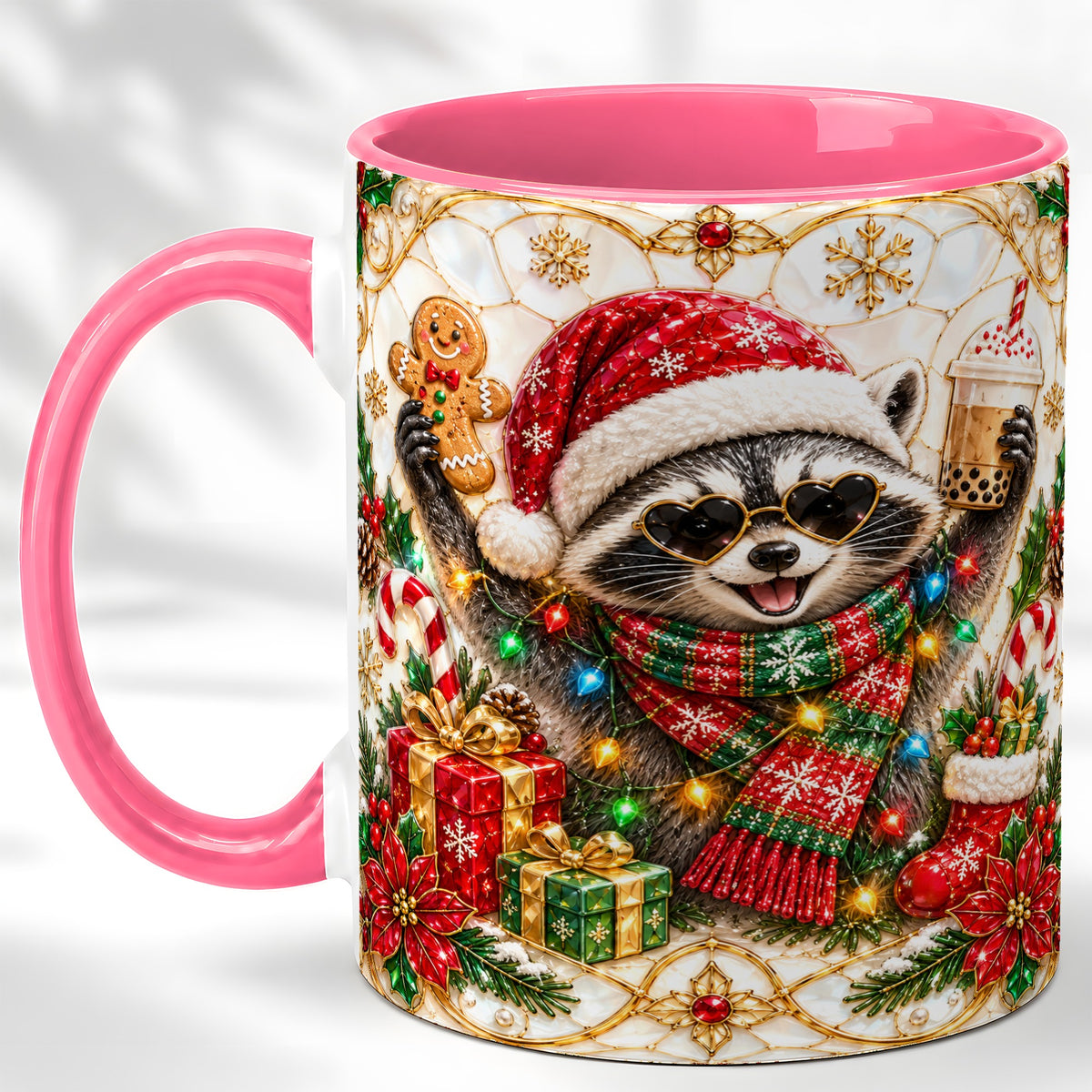 #pl[11oz|Pink] Christmas Raccoon Coffee Mug, Festive Animal Mug, Ceramic Cup