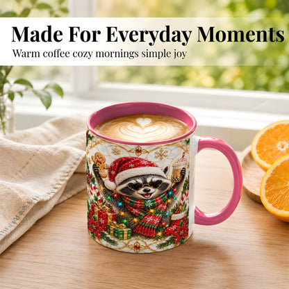 #pl[11oz|Pink] Christmas Raccoon Coffee Mug, Festive Animal Mug, Ceramic Cup