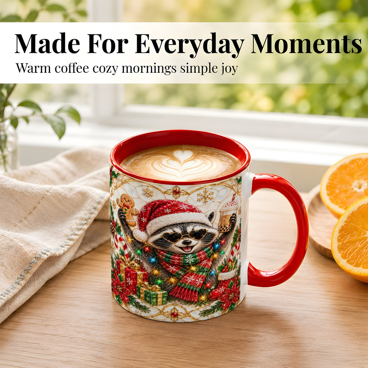 #pl[11oz|Red] Christmas Raccoon Coffee Mug, Festive Animal Mug, Ceramic Cup