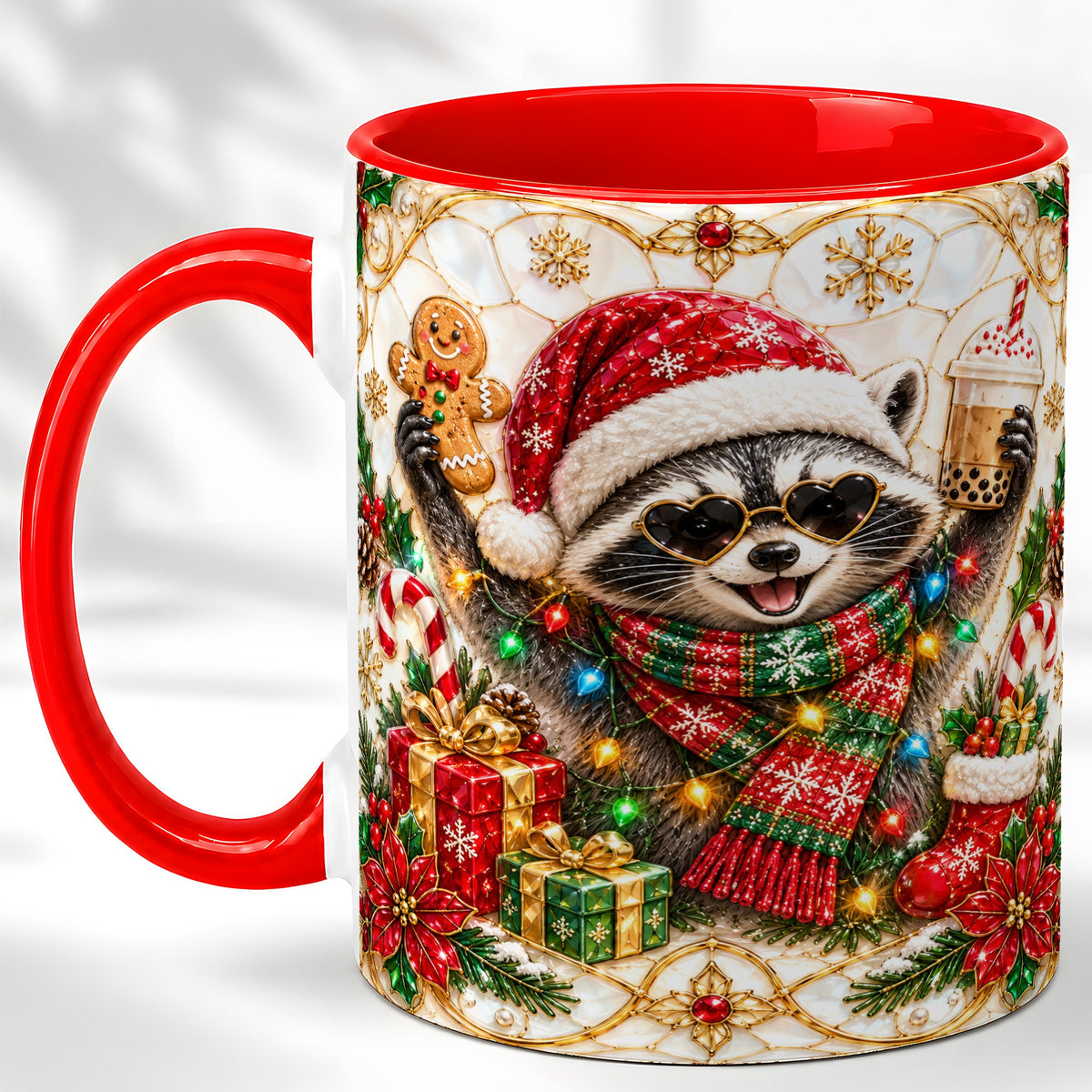 Christmas Raccoon Coffee Mug, Festive Animal Mug, Ceramic Cup