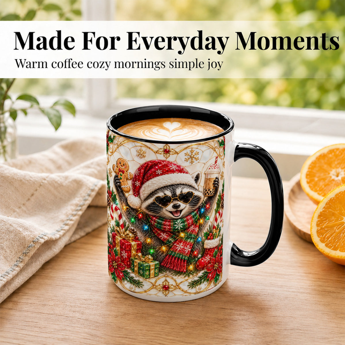 #pl[15oz|Black] Christmas Raccoon Coffee Mug, Festive Animal Mug, Ceramic Cup