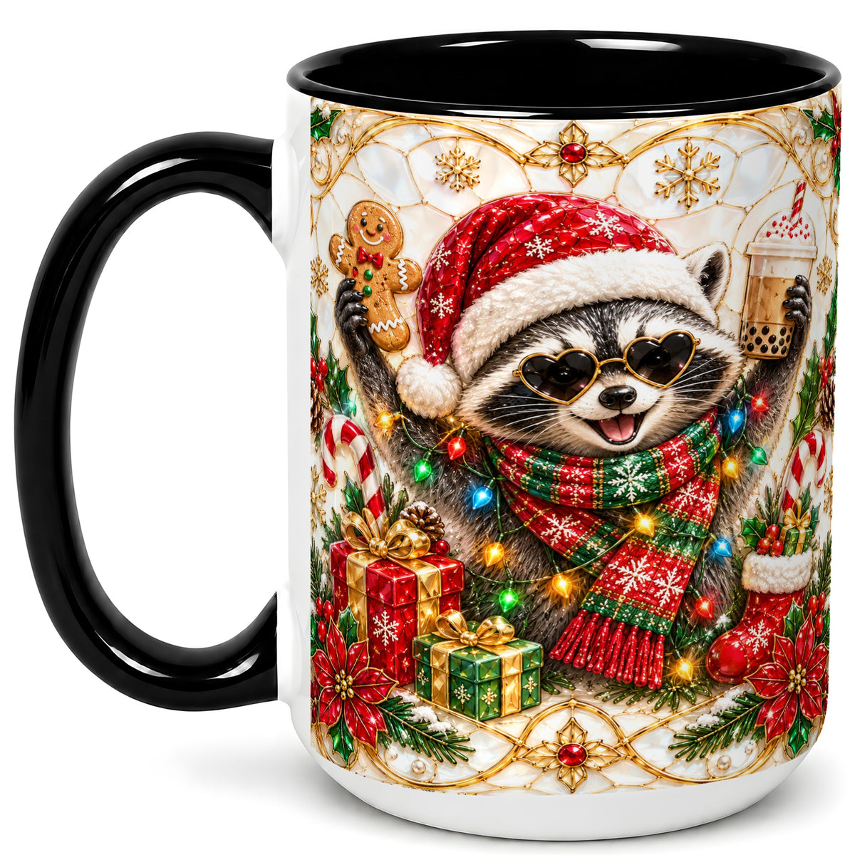 #pl[15oz|Black] Christmas Raccoon Coffee Mug, Festive Animal Mug, Ceramic Cup