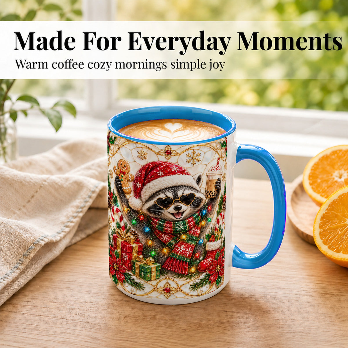 #pl[15oz|Blue] Christmas Raccoon Coffee Mug, Festive Animal Mug, Ceramic Cup