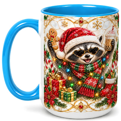 #pl[15oz|Blue] Christmas Raccoon Coffee Mug, Festive Animal Mug, Ceramic Cup