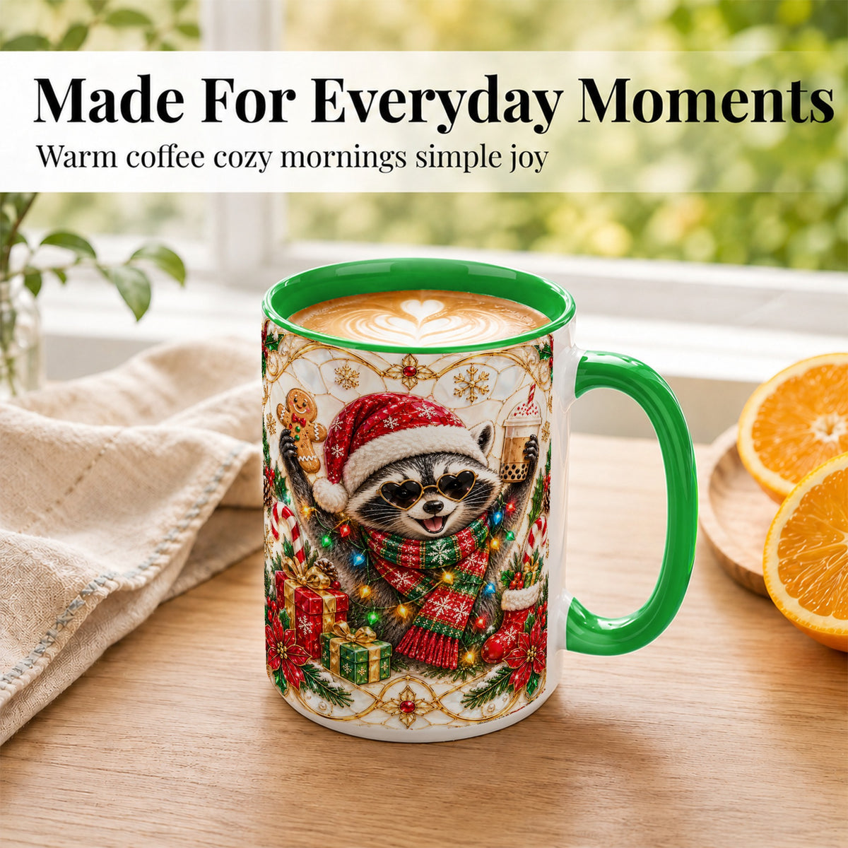 #pl[15oz|Green] Christmas Raccoon Coffee Mug, Festive Animal Mug, Ceramic Cup