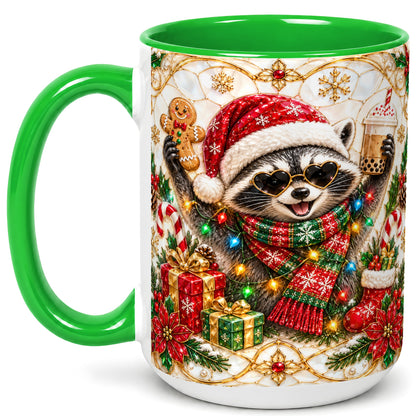 #pl[15oz|Green] Christmas Raccoon Coffee Mug, Festive Animal Mug, Ceramic Cup